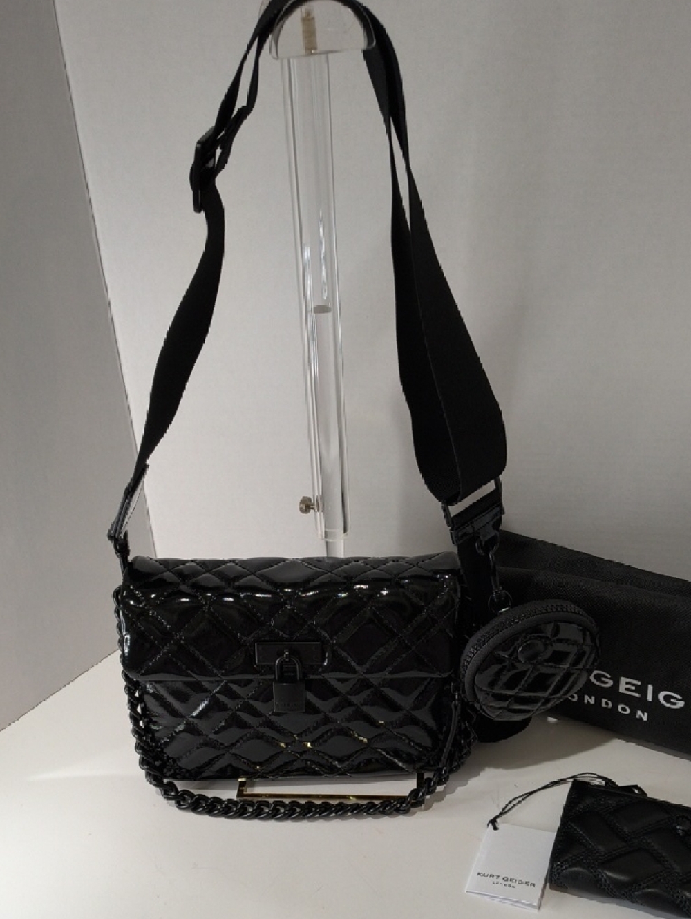 Kurt Geiger Black Quilted Patent Shoulder Bag with Chain And Crossbody Strap - Picture 7 of 17